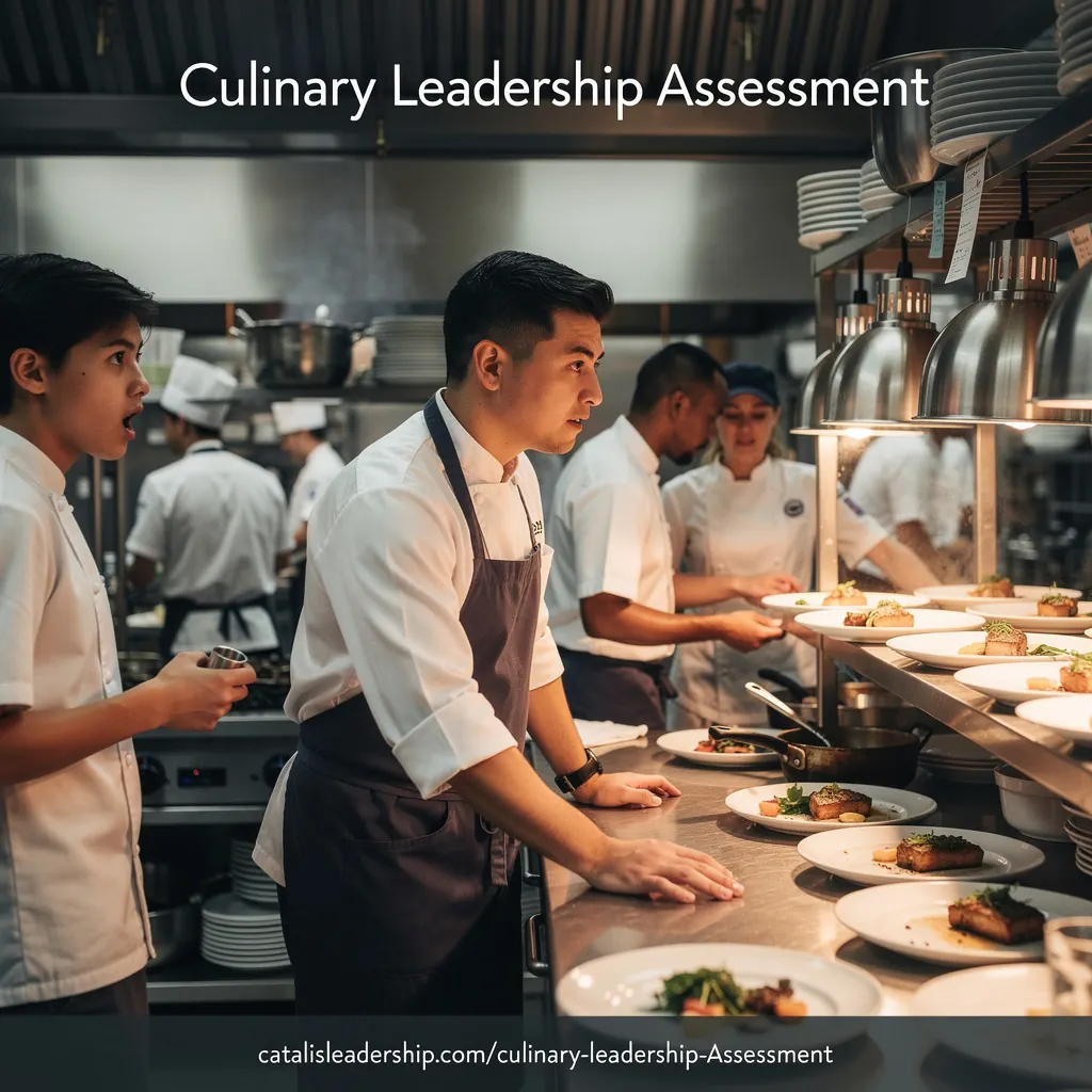 Professional chef in white coat and apron overseeing plated dishes in busy commercial kitchen with team members