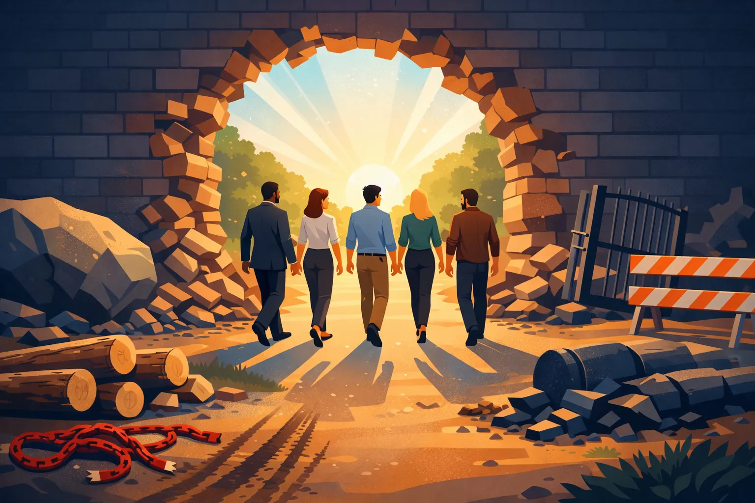Five business professionals walking together through a broken brick wall toward bright sunlight and green landscape