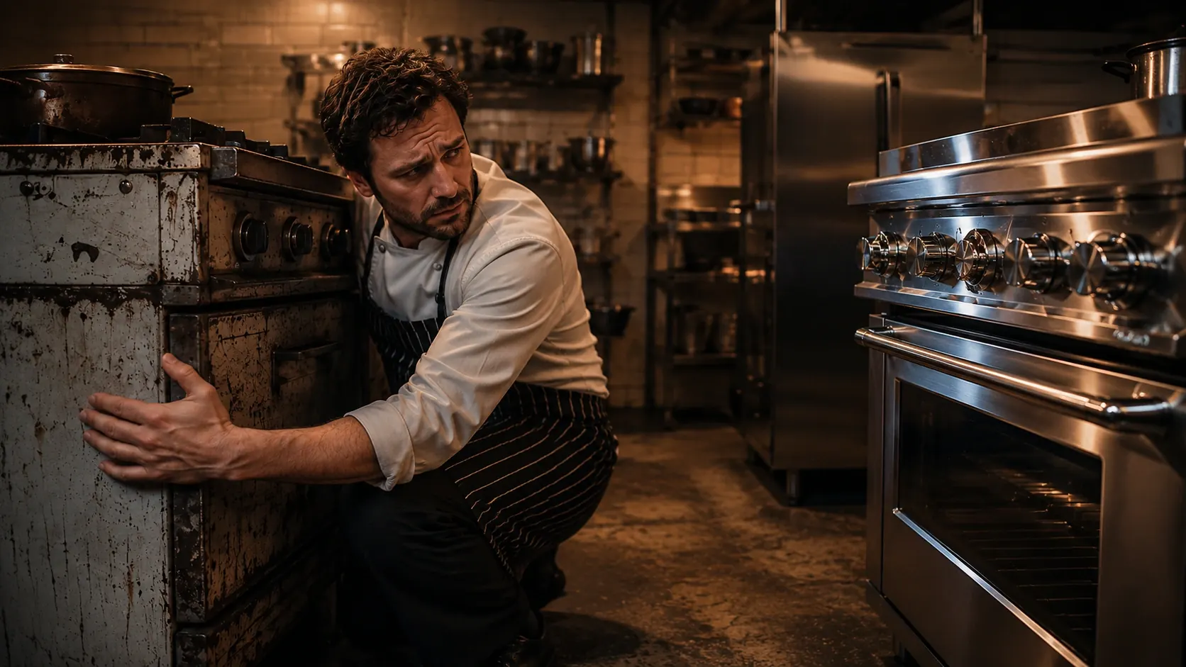 Frustrated chef in white coat and striped apron crouched between old rusty stove and modern equipment in professional kitchen