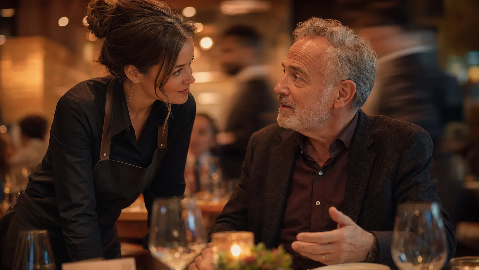 Server in apron attentively listens to seated man gesturing while speaking at restaurant table